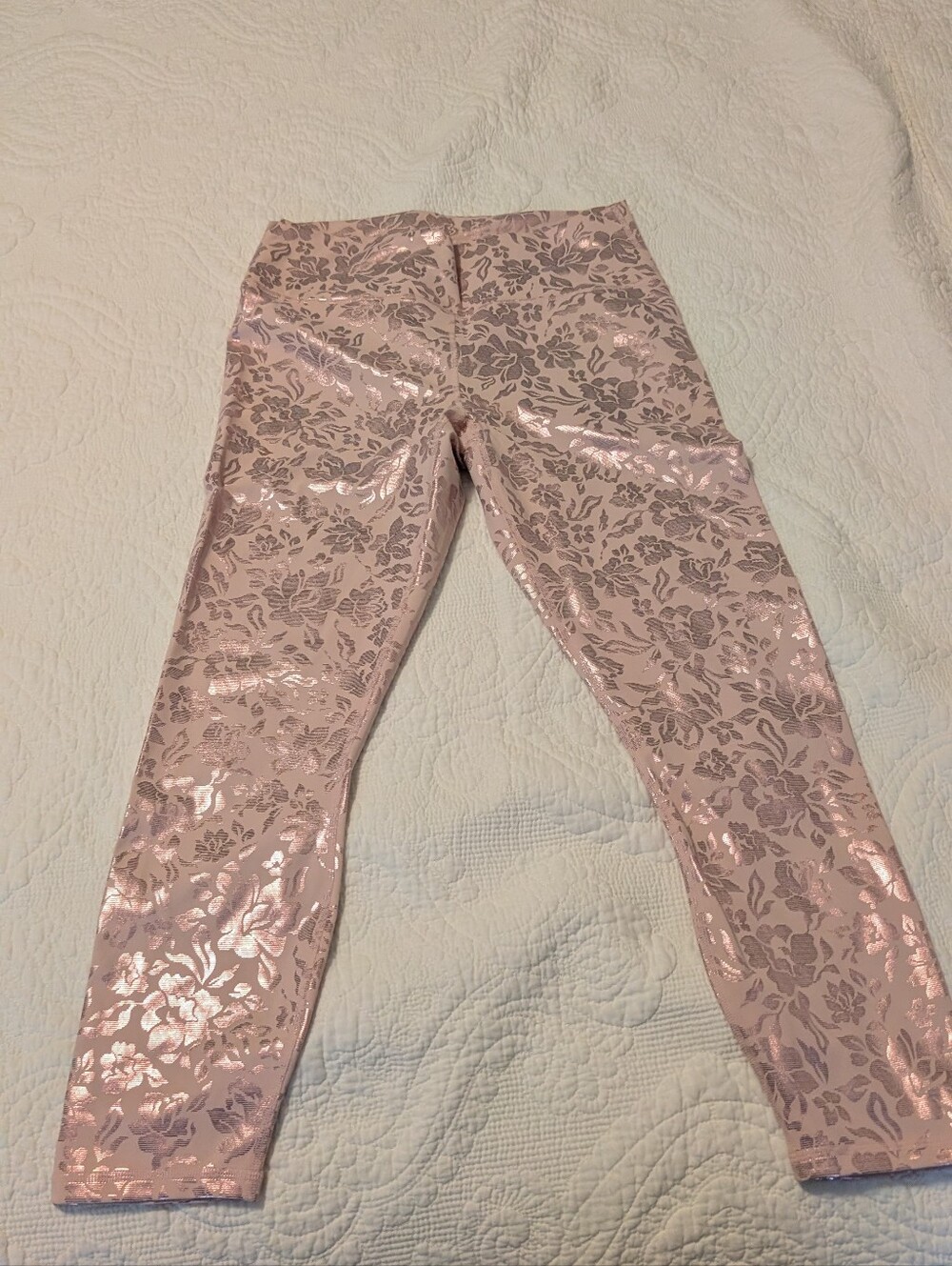 Fabletics PureLuxe Metallic Pink Foil Floral 7/8 Leggings L